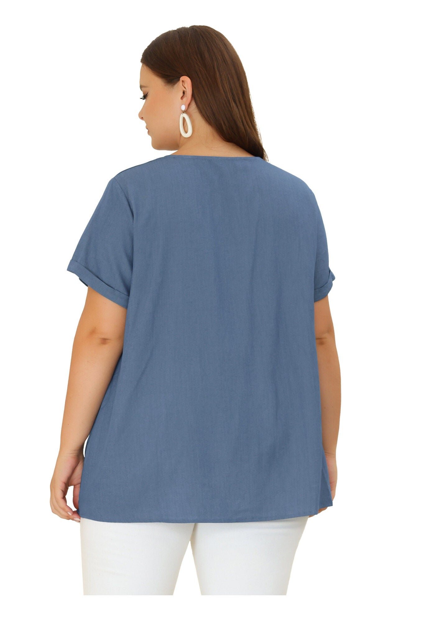 Chambray Pleat Front V Neck Short Sleeve Blouse Top, Dark Blue / Navy, alternate image number 3