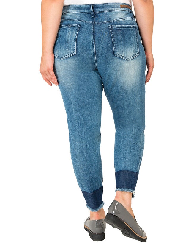 Plus Size Virgina Raw Hem Two-Tone Midrise Skinny Cropped Jeans, Blue / Medium Wash, alternate image number 4
