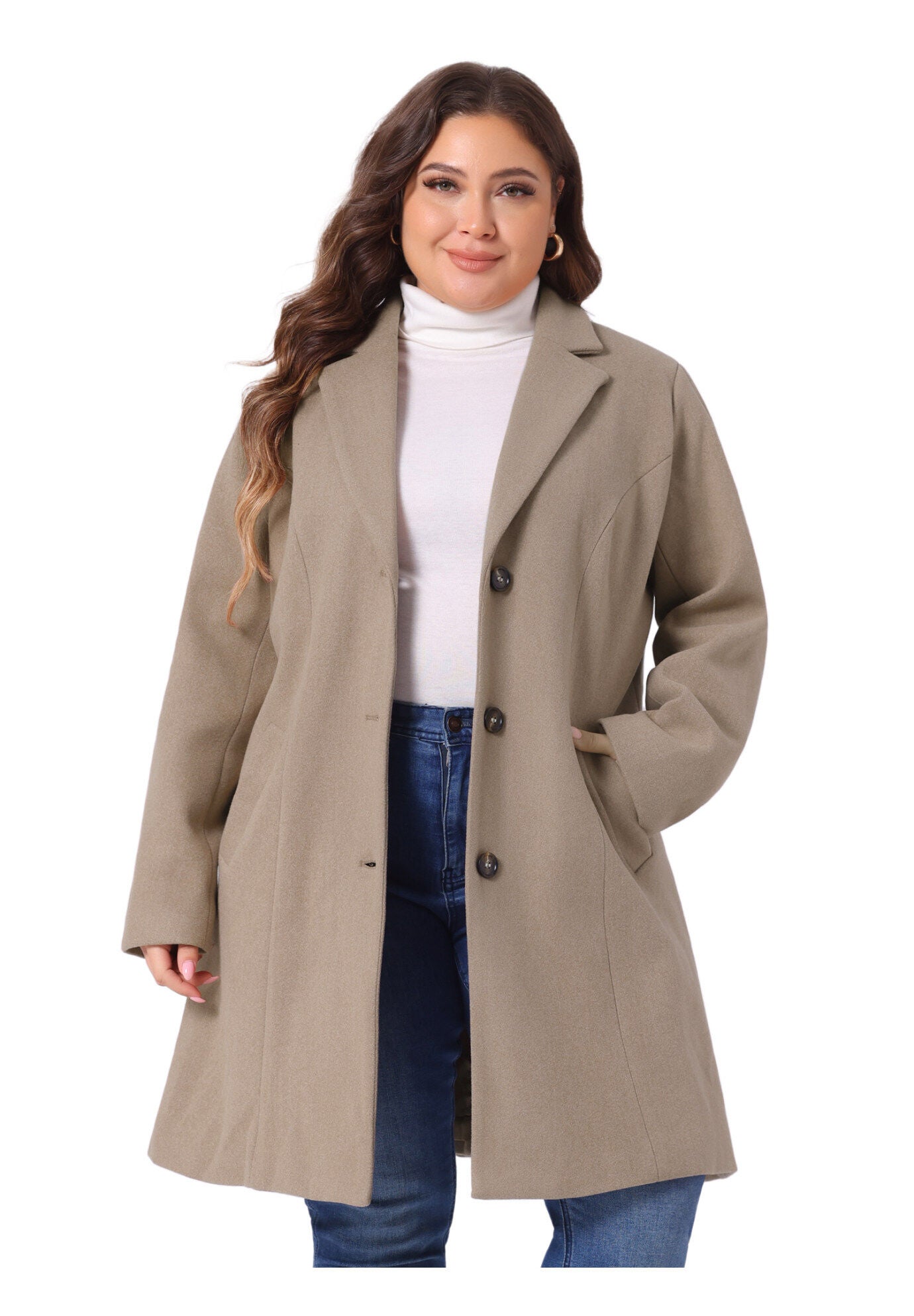 SINGLE BREASTED NOTCHED LAPEL LONG WINTER COAT, Light Brown / Brown, alternate image number 2