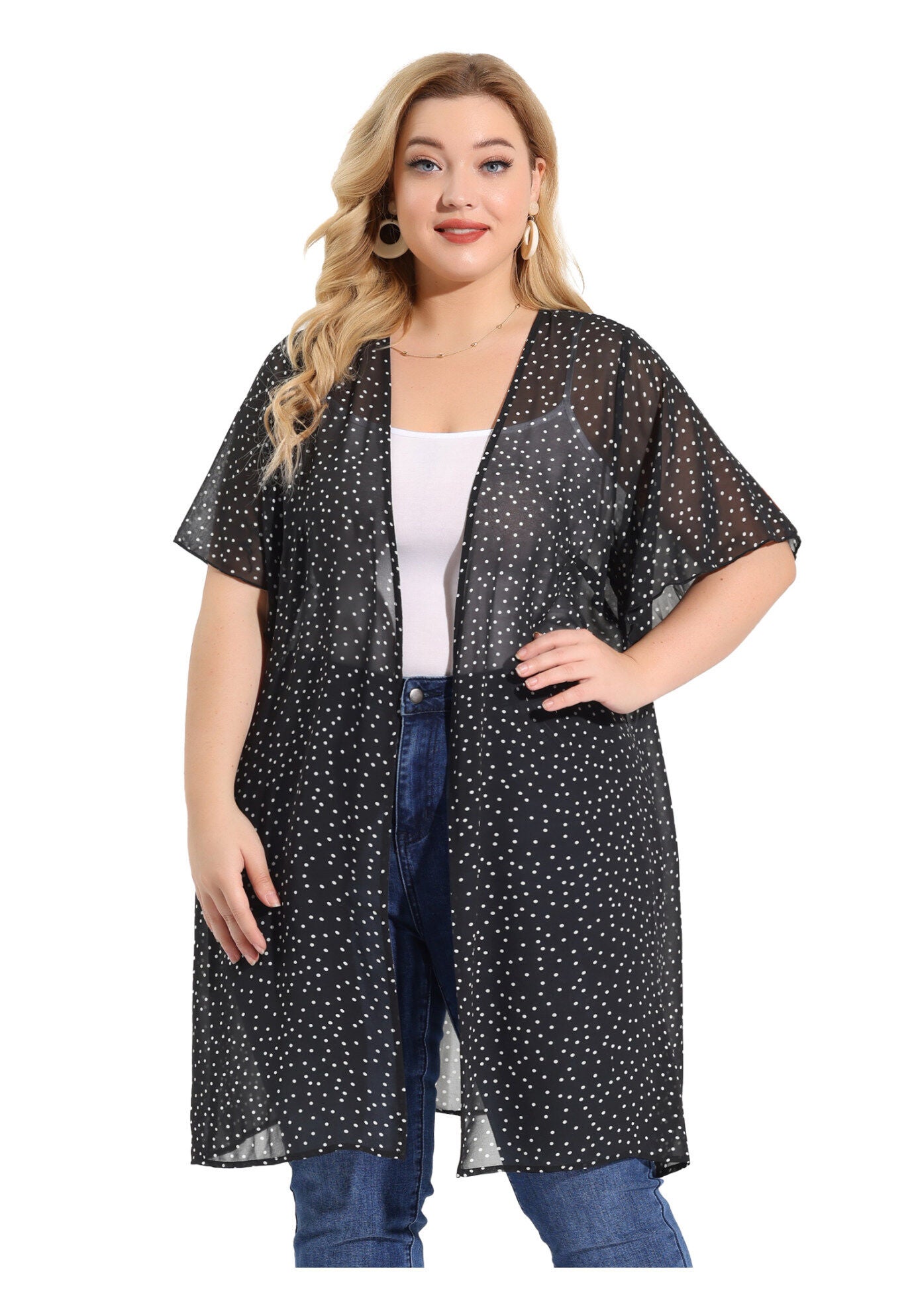 SHORT SLEEVE BIKINI POLKA DOTS KIMONO COVER UP, Black / Black, alternate image number 3