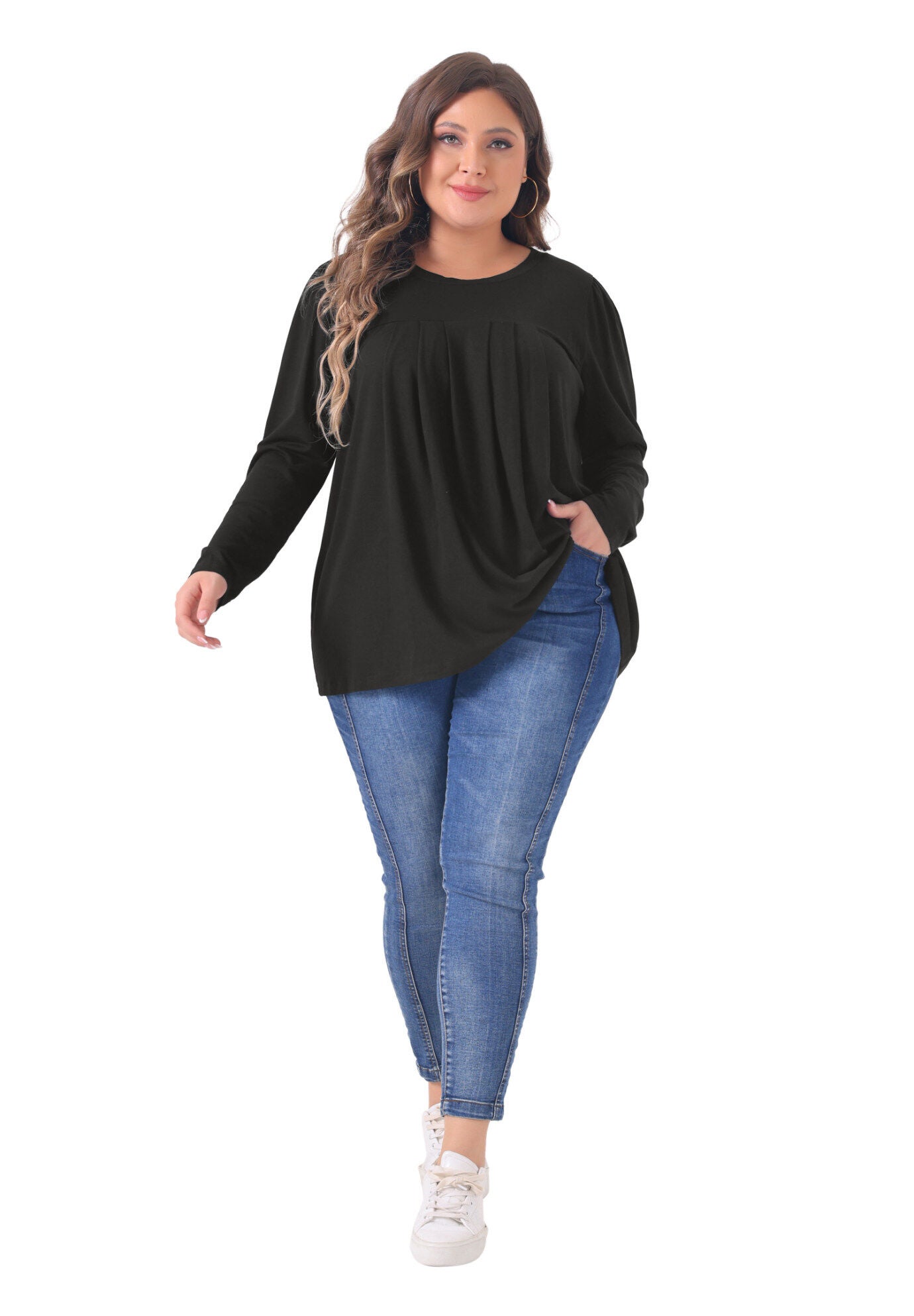 Pleated Crew Neck Blouses Casual Loose Top, Black / Black, hi-res image number 0