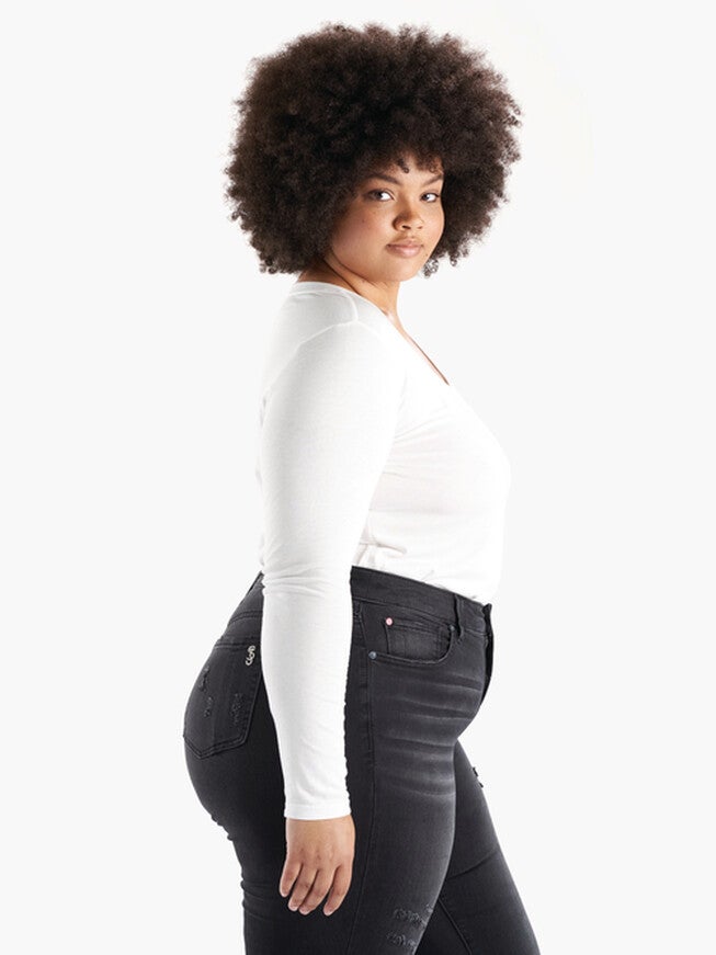 V Neck Long Sleeve T-shirt, WHITE / Ivory, alternate image number 2