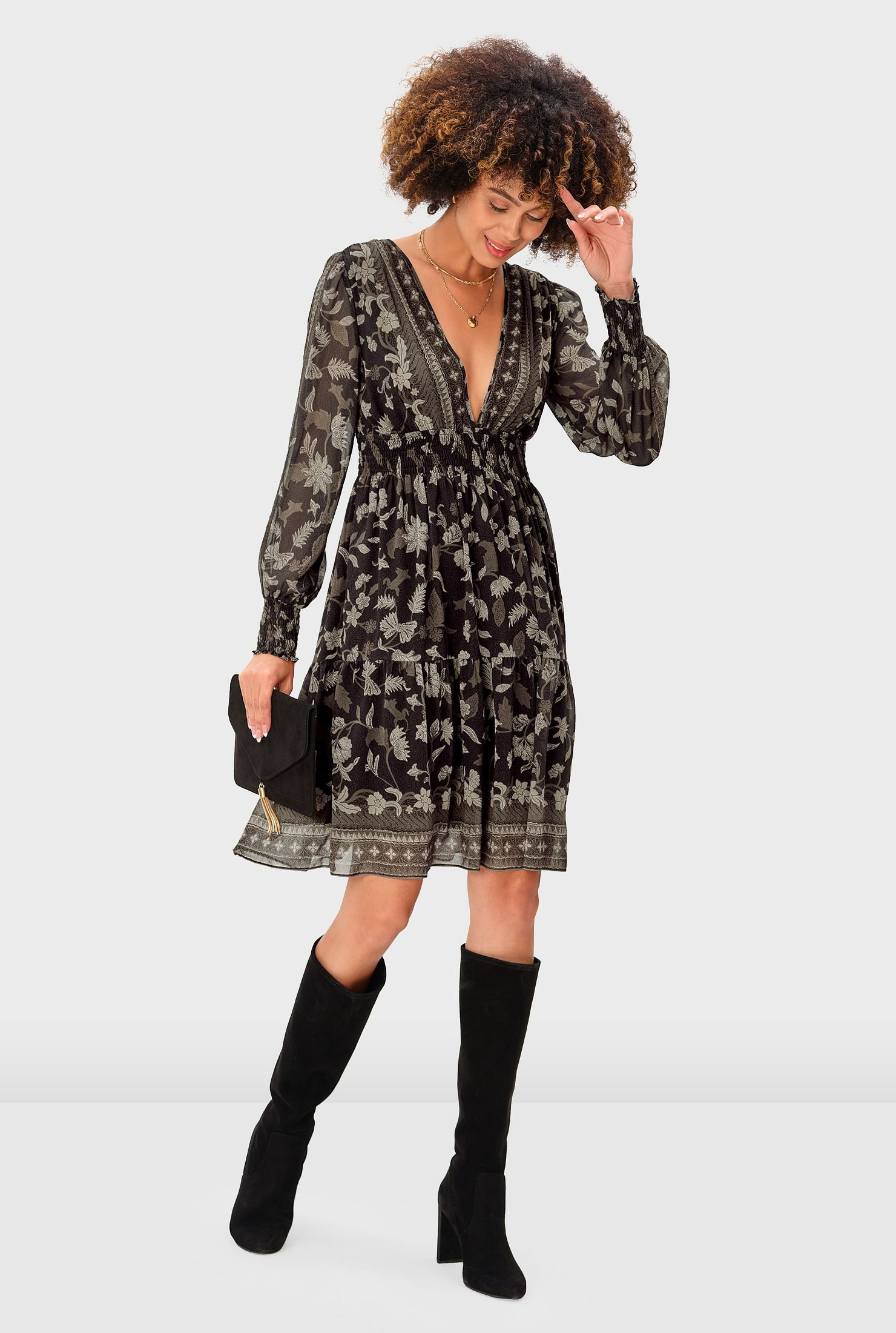Floral Print Georgette Smocked Dress, Deep Brown / Brown, alternate image number 2