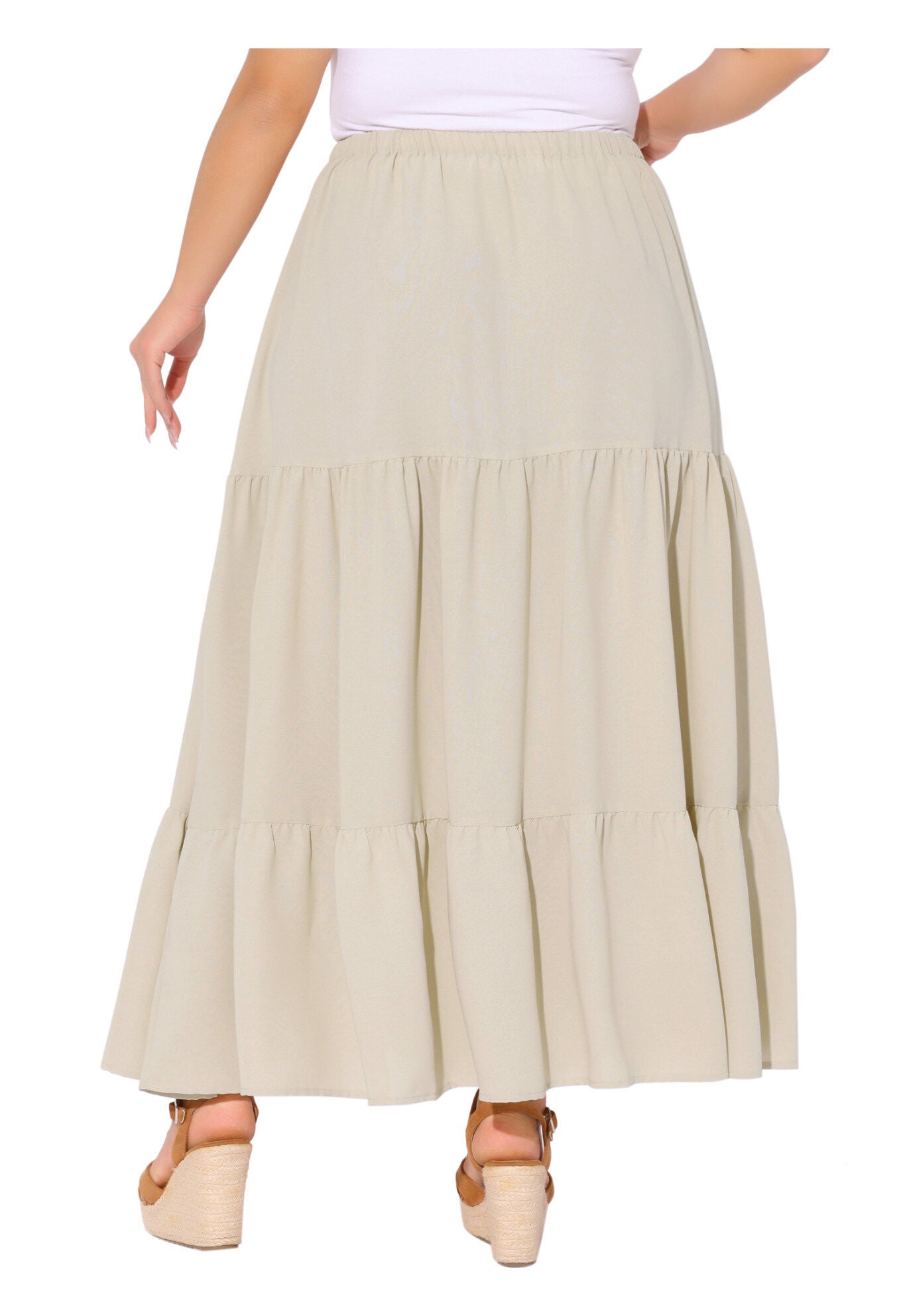 Elastic High Waist Boho Flowy A Line Long Swing Maxi Skirt, Beige / Beige, alternate image number 3