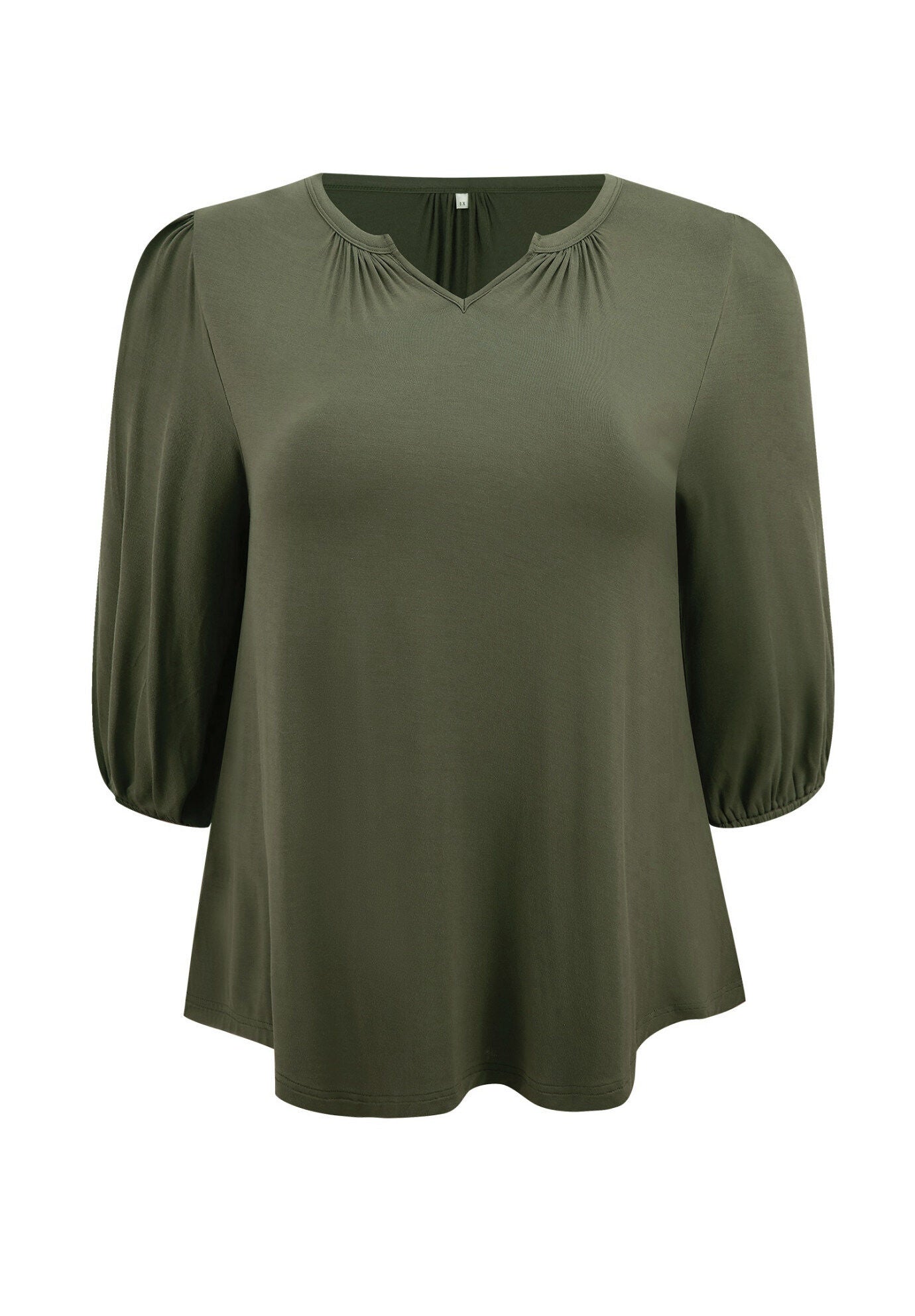 Smocked 3/4 Sleeve Notch V Neck Shirt Blouse, Army Green / Olive Green, alternate image number 3