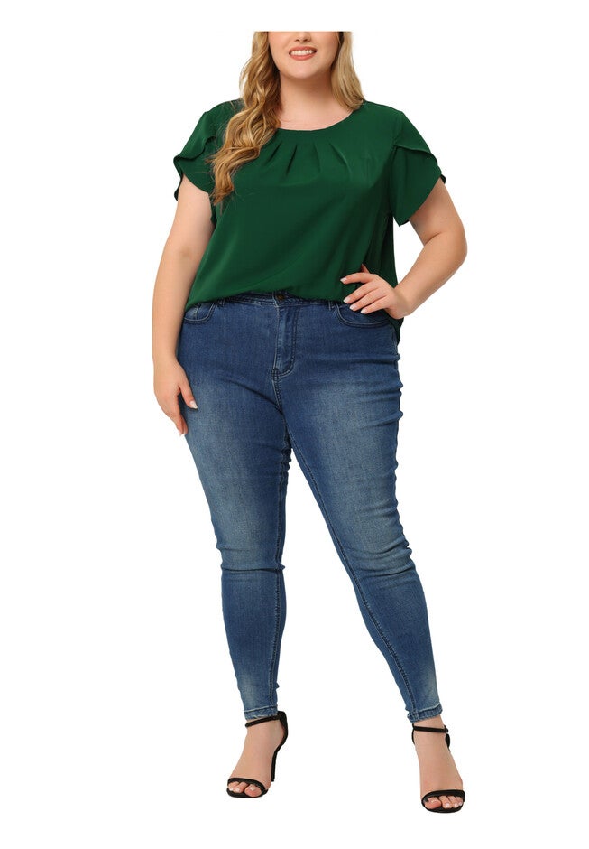 Round Neck Pleated Top Tulip Sleeves Blouse Top, Green / Quetzal Green, alternate image number null