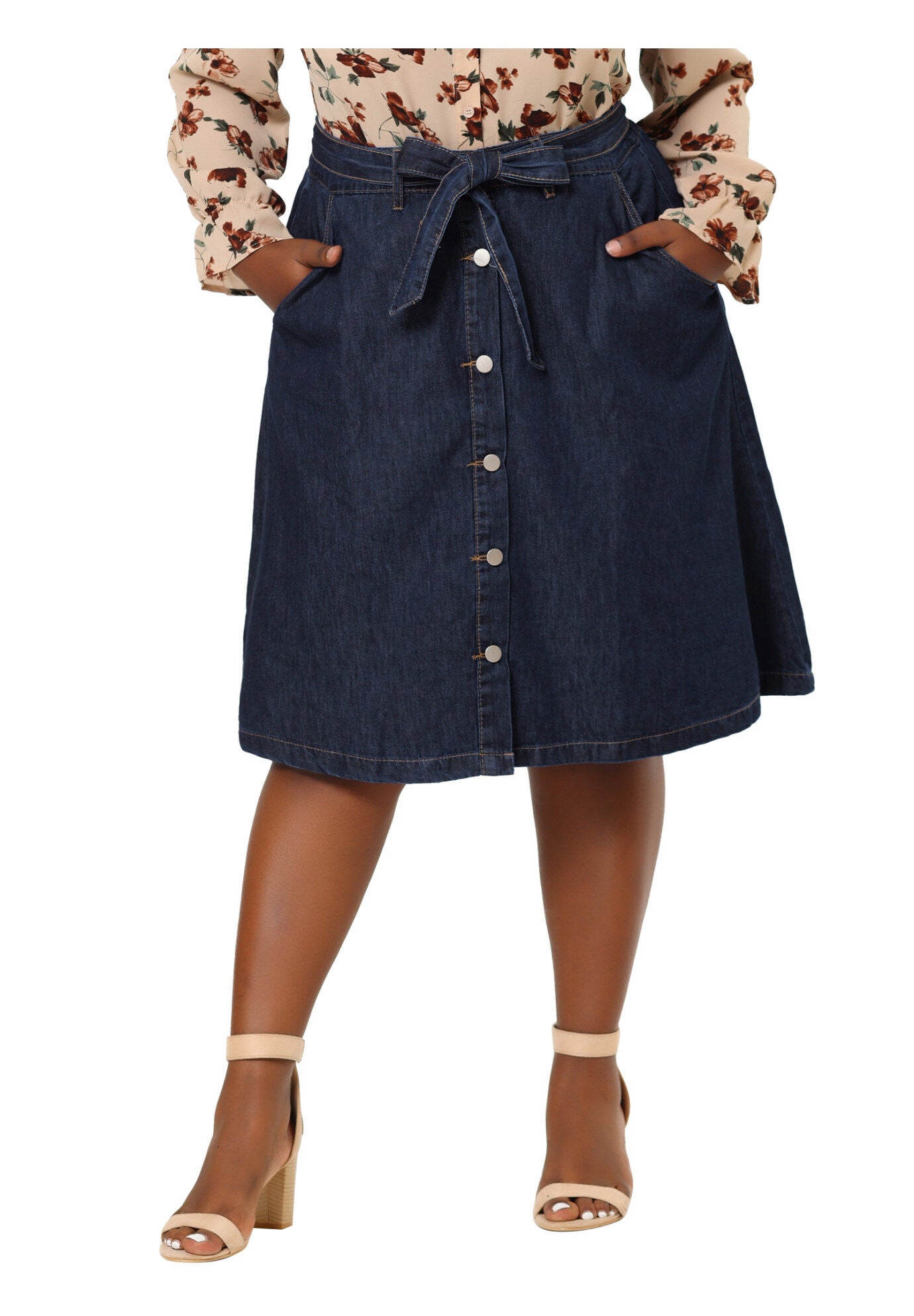 TIE WAIST A-LINE MIDI JEANS DENIM SKIRT, Dark Blue / Navy, alternate image number 1