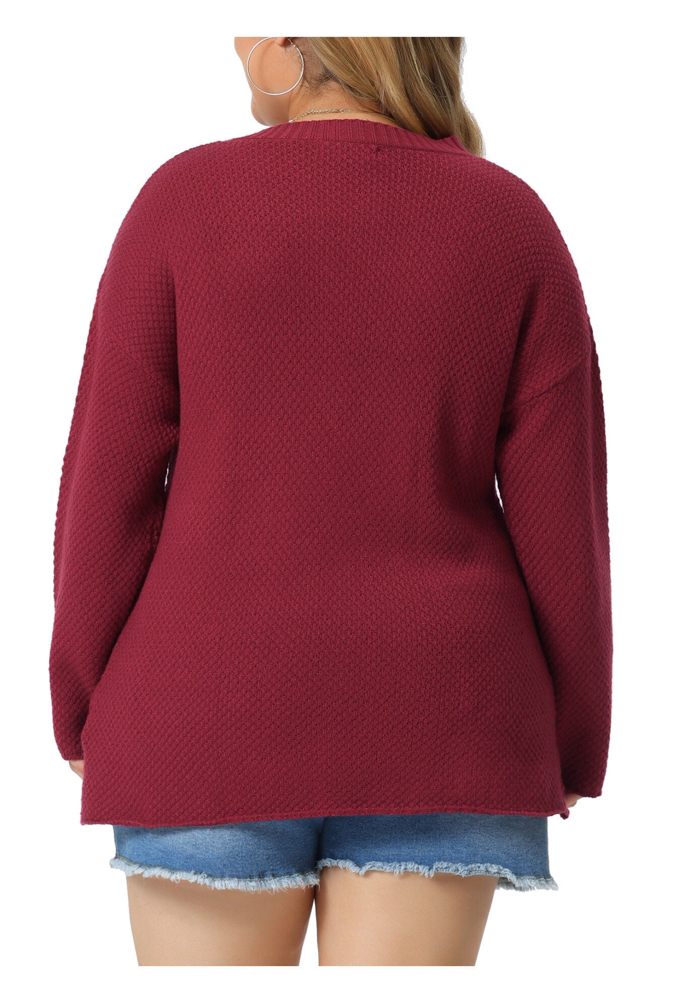 Round Neck Long Sleeve Button Knit Pullover Sweater Top, Wine / Burgundy, alternate image number 3