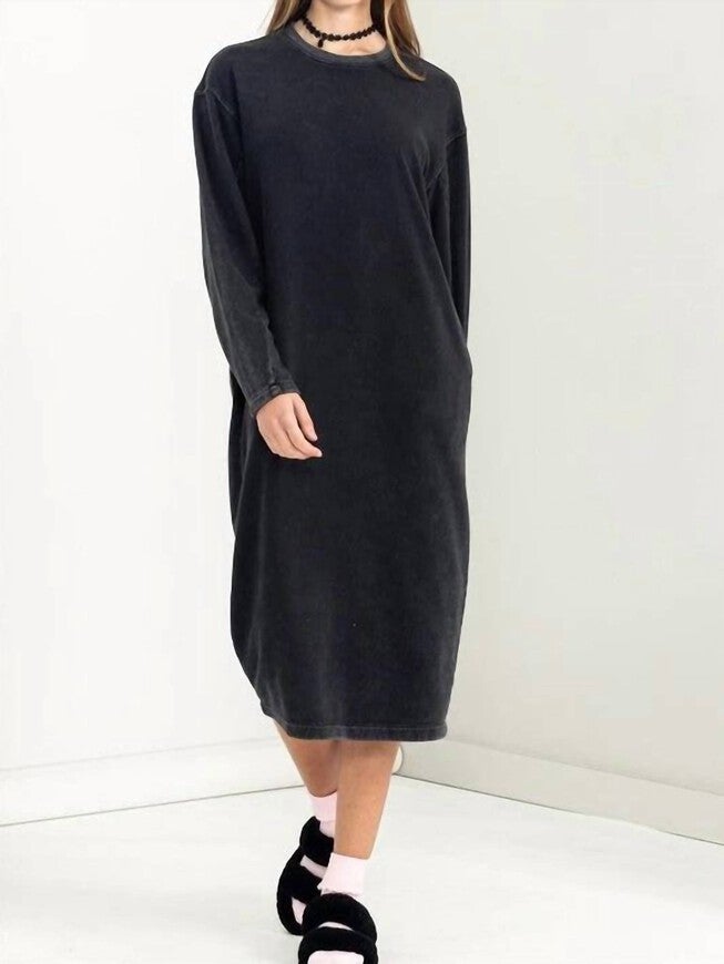 LONG SLEEVE MIDI SWEATSHIRT DRESS IN BLACK, Black / Black, hi-res image number null