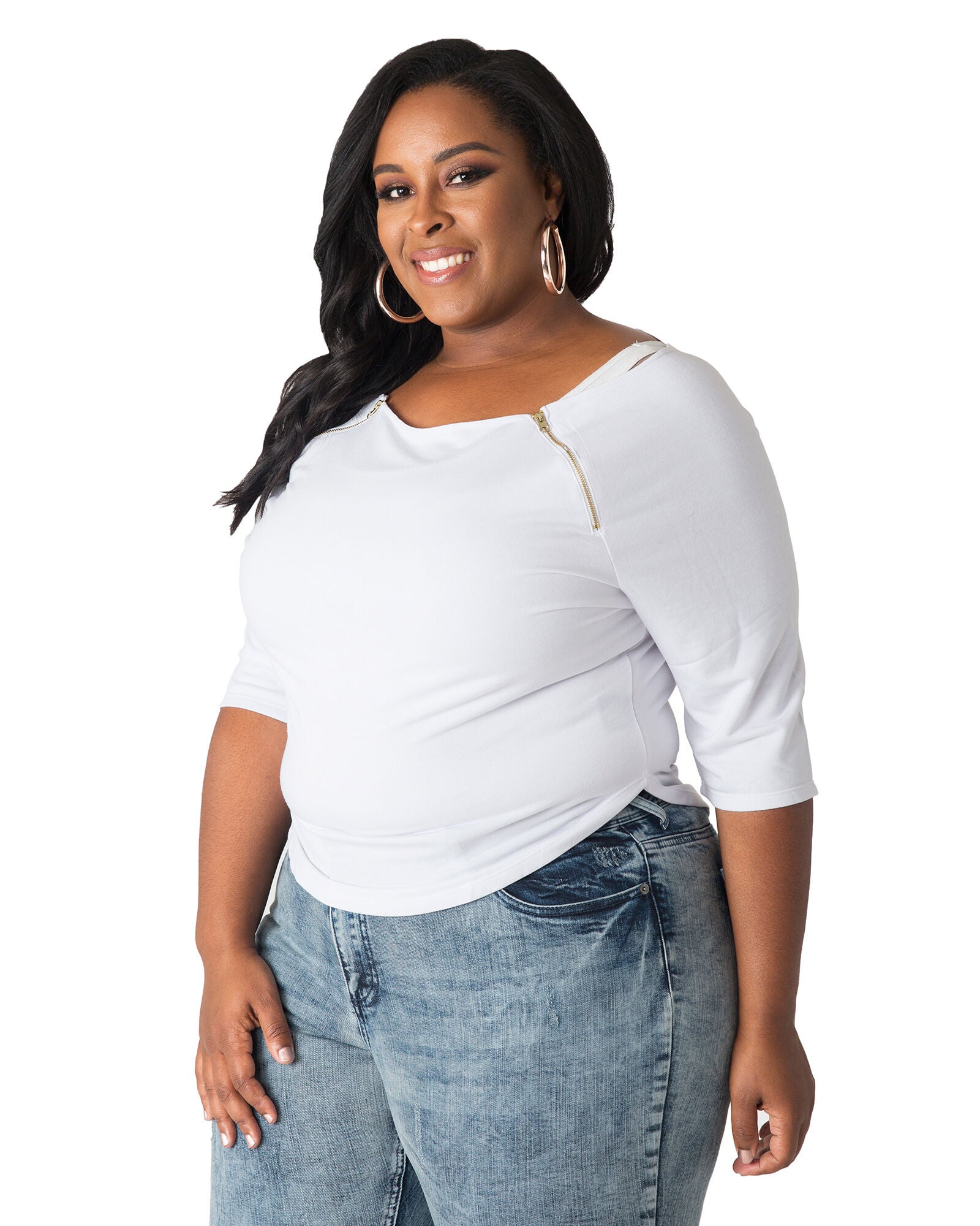 Plus Size Morgan Boatneck Shirt With Quarter-Sleeves And Zip Shoulders, White / White, alternate image number 1