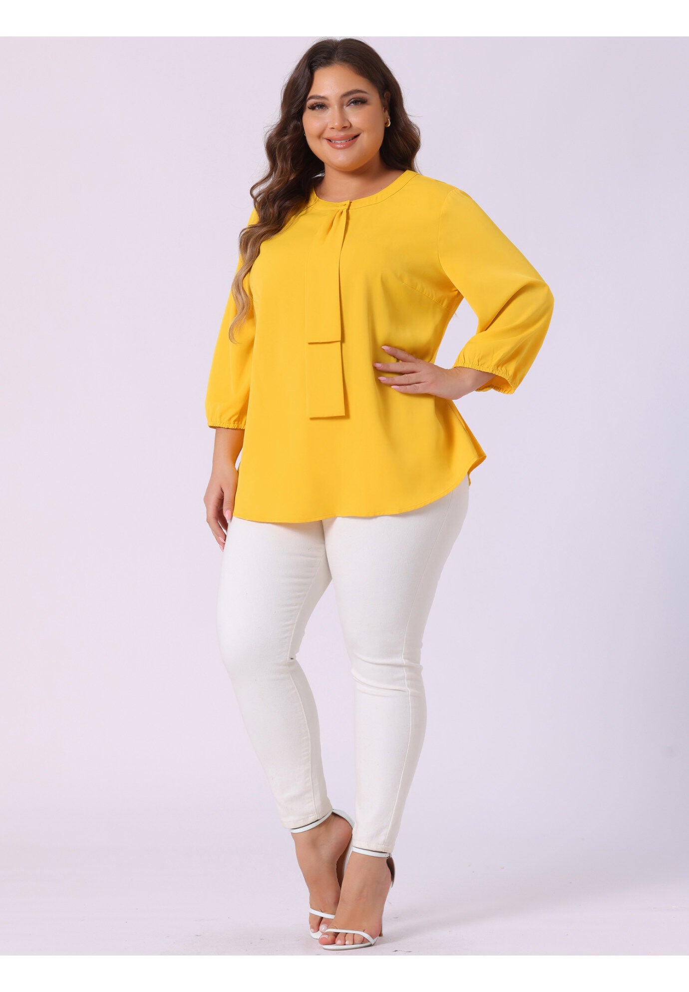 Work Round Neck Ruffle Chiffon Blouse Top, Yellow / Yellow, hi-res image number 0