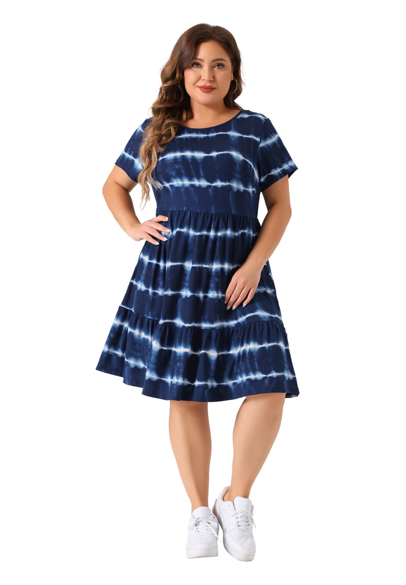 Summer Tie Dye Striped A Line Casual Swing T-Shirt Dress, Navy Blue / Black, hi-res image number 0