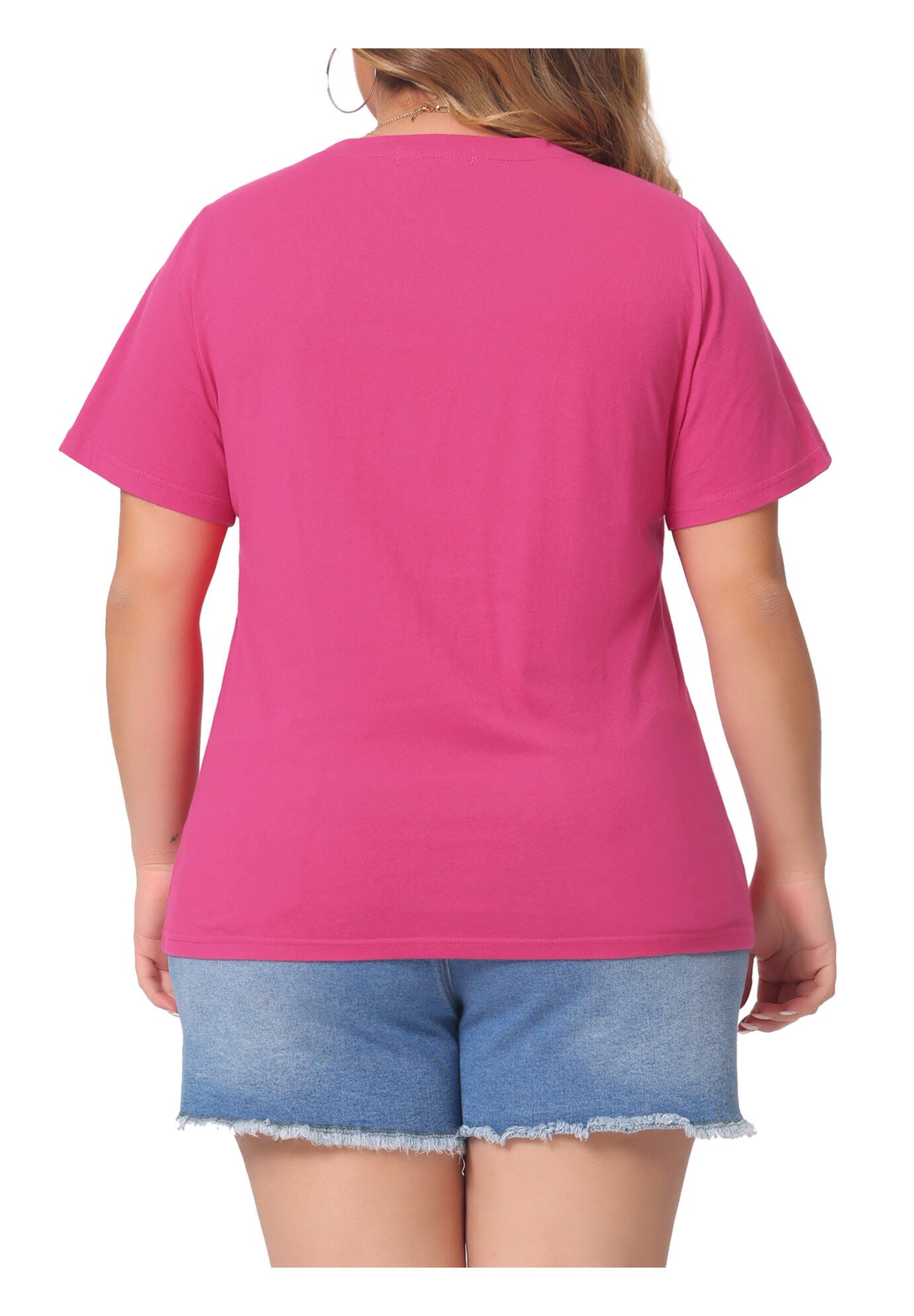 Short Sleeve V Neck Basic T-Shirt Top, Hot Pink / Magenta, alternate image number 3