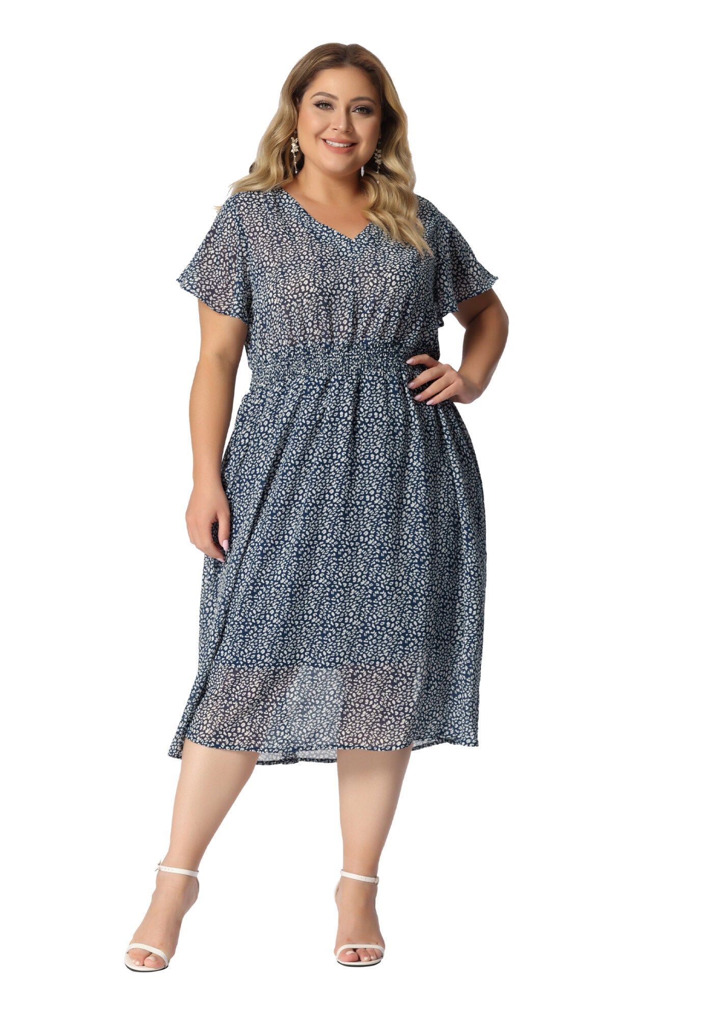 Summer Floral Print V Neck Smocked A-Line Flowy Midi Dress, Dark Blue / Navy, hi-res image number 0
