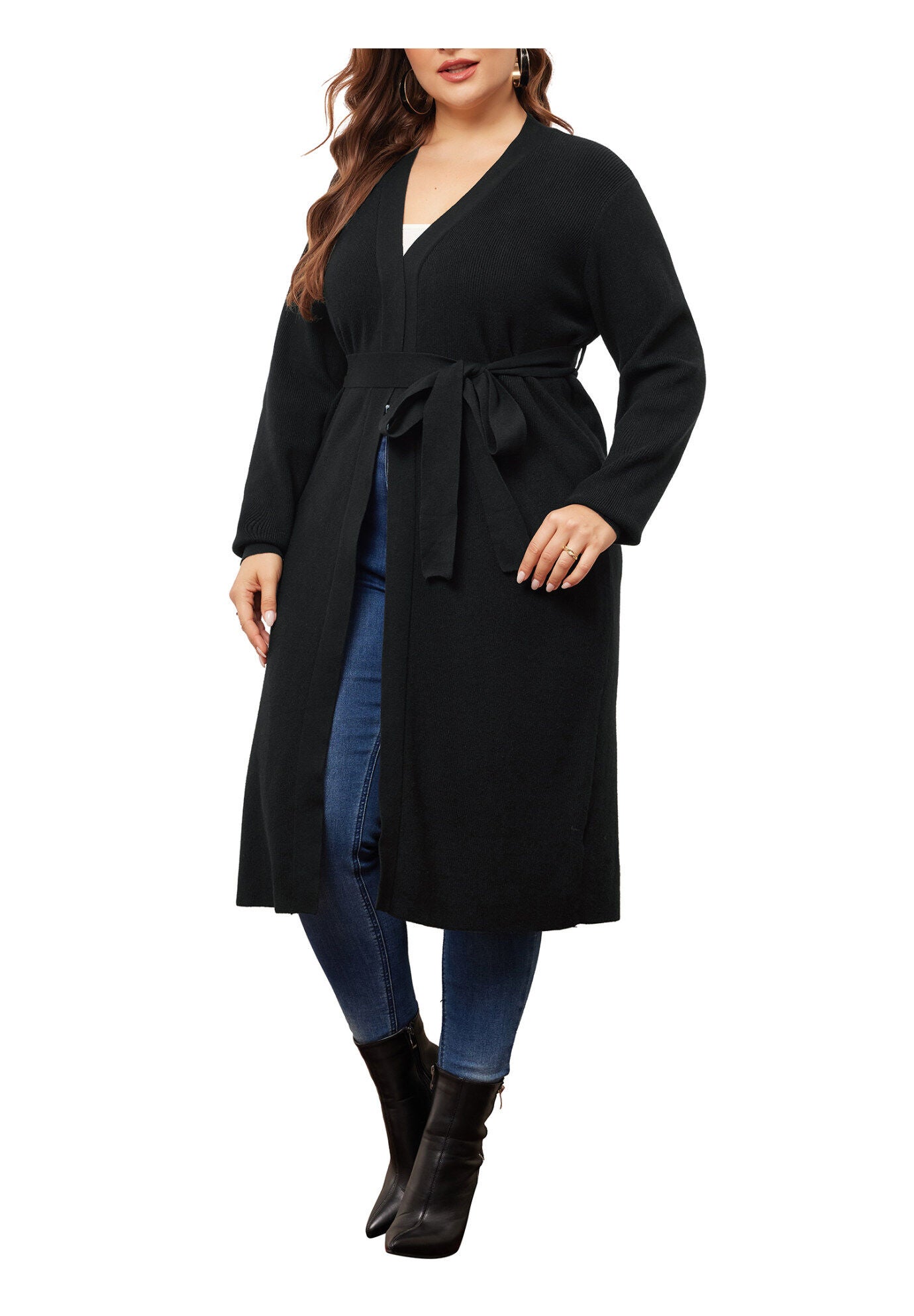 KNIT SWEATER BELTED OVERWEAR LONG CARDIGAN, Black / Black, alternate image number 2