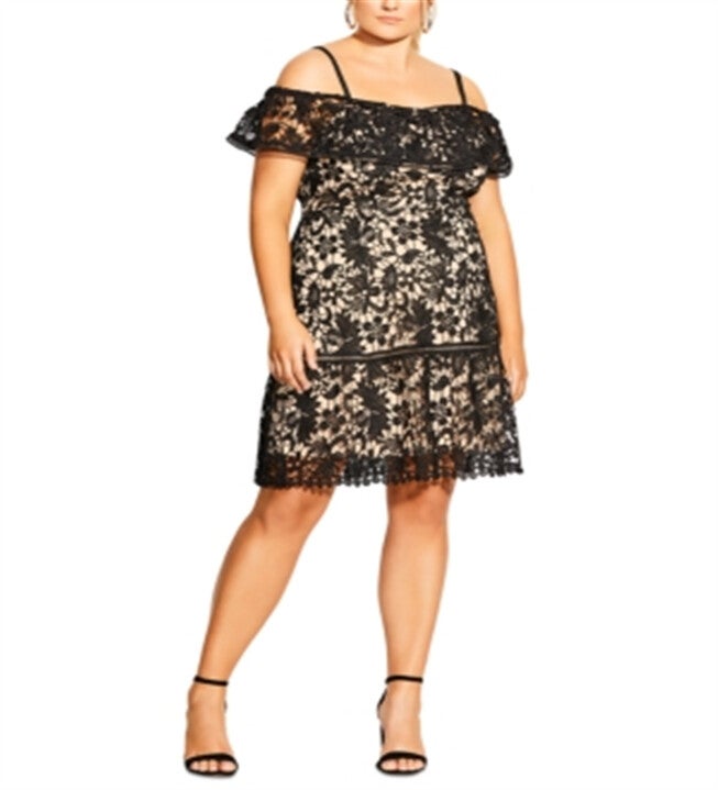 City Chic Women's Plus Embroidered Lace Off the Shoulder Dress Black Size Petite Small, Black / Black, hi-res image number 0