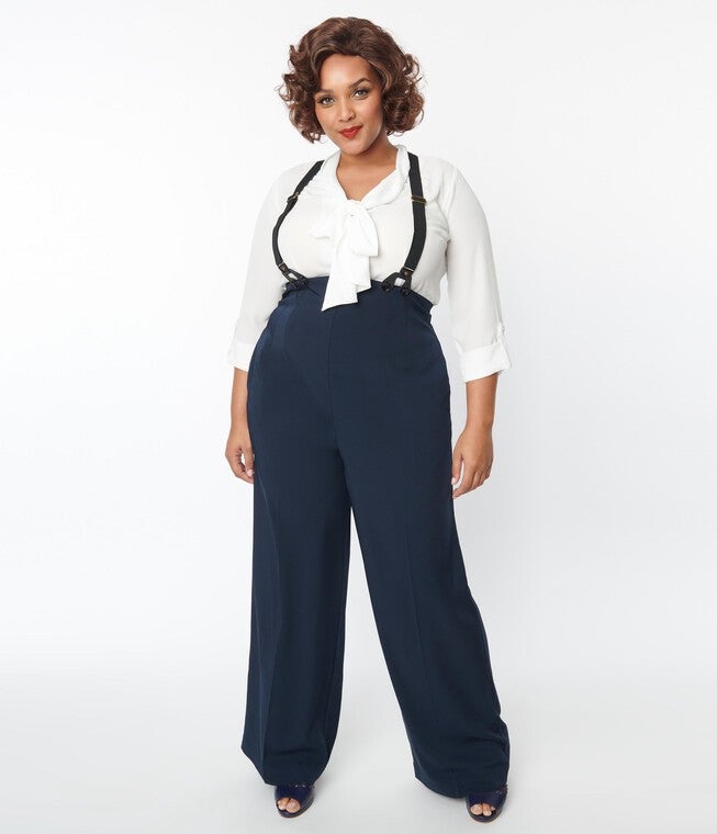 UNIQUE VINTAGE NAVY HIGH WAIST SUSPENDER PANTS | Dia & Co UNIQUE VINTAGE NAVY HIGH WAIST SUSPENDER PANTS | Dia & Co