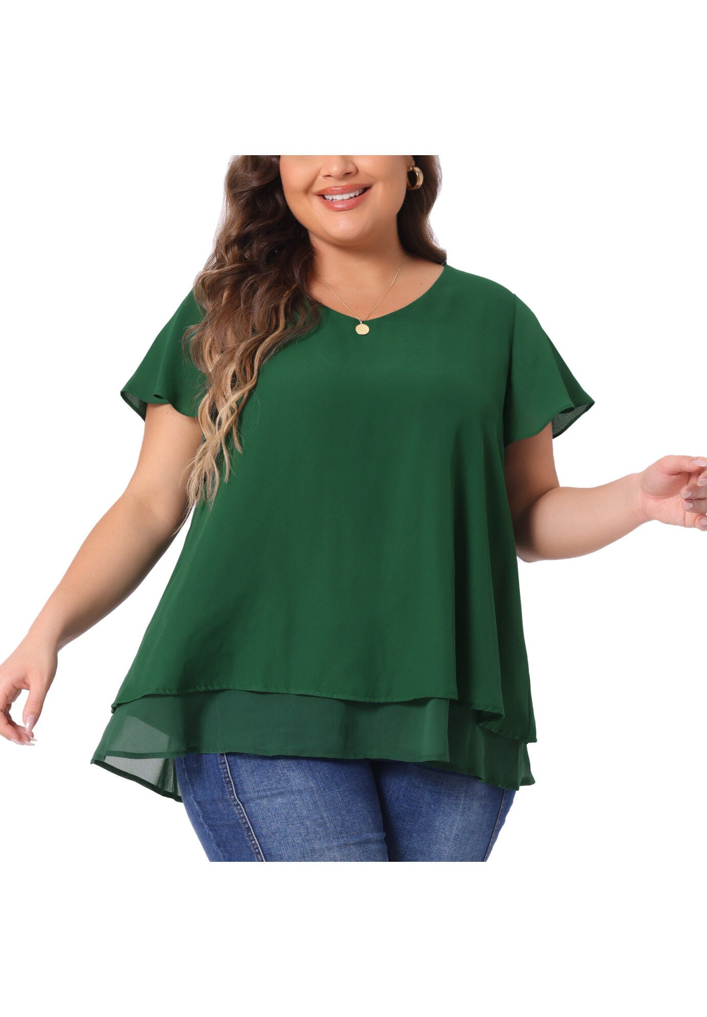 Summer Top Ruffle Short Sleeve V Neck Double Layered Hem Chiffon Blouse, Green / Forest Green, alternate image number 2