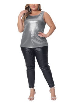 Crew Neck Sleeveless Holographic Shiny Metallic Tank Top