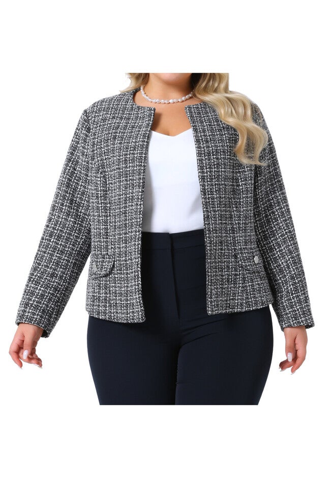 Long Sleeve Open Front Collarless Tweed Blazer Jacket, Black / Black, alternate image number 2