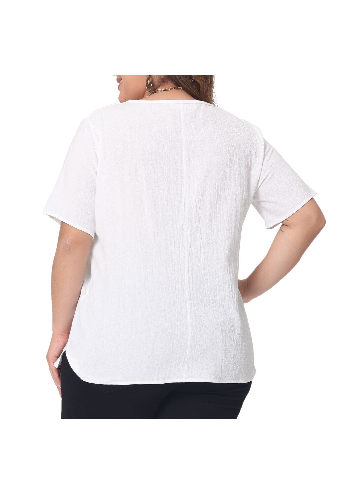 Short Sleeve Round Neck Cotton Linen T-Shirt Top, White / White, alternate image number 1