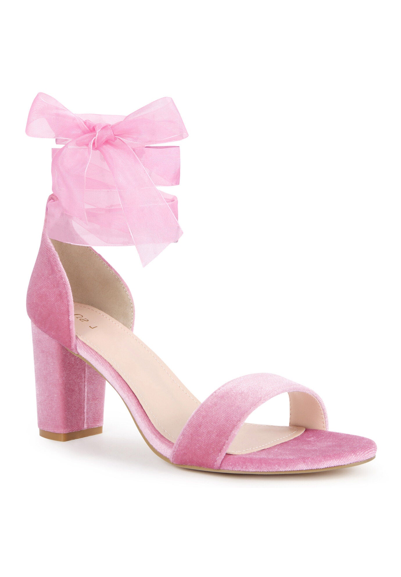 Chunky Heels Lace Up Ballet Velvet Sandals, Light Pink / Pink, hi-res image number 0