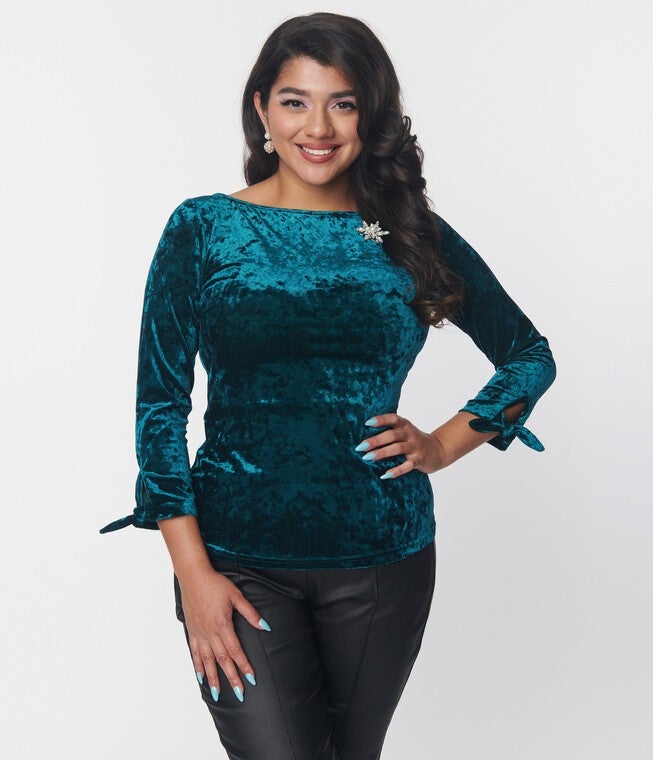 Unique Vintage Emerald Green Crushed Velvet Gracie Top, Emerald Green / Hunter Green, alternate image number null