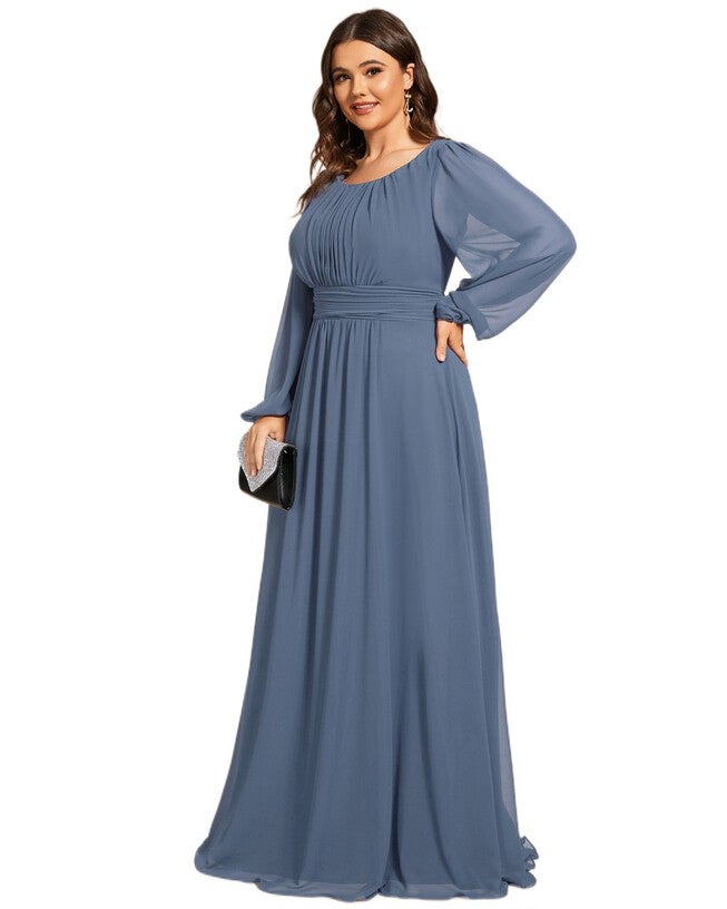 Chiffon High Empire Waist Puff Sleeve Mother Dress, Dusty Navy / Dusty Blue, hi-res image number null