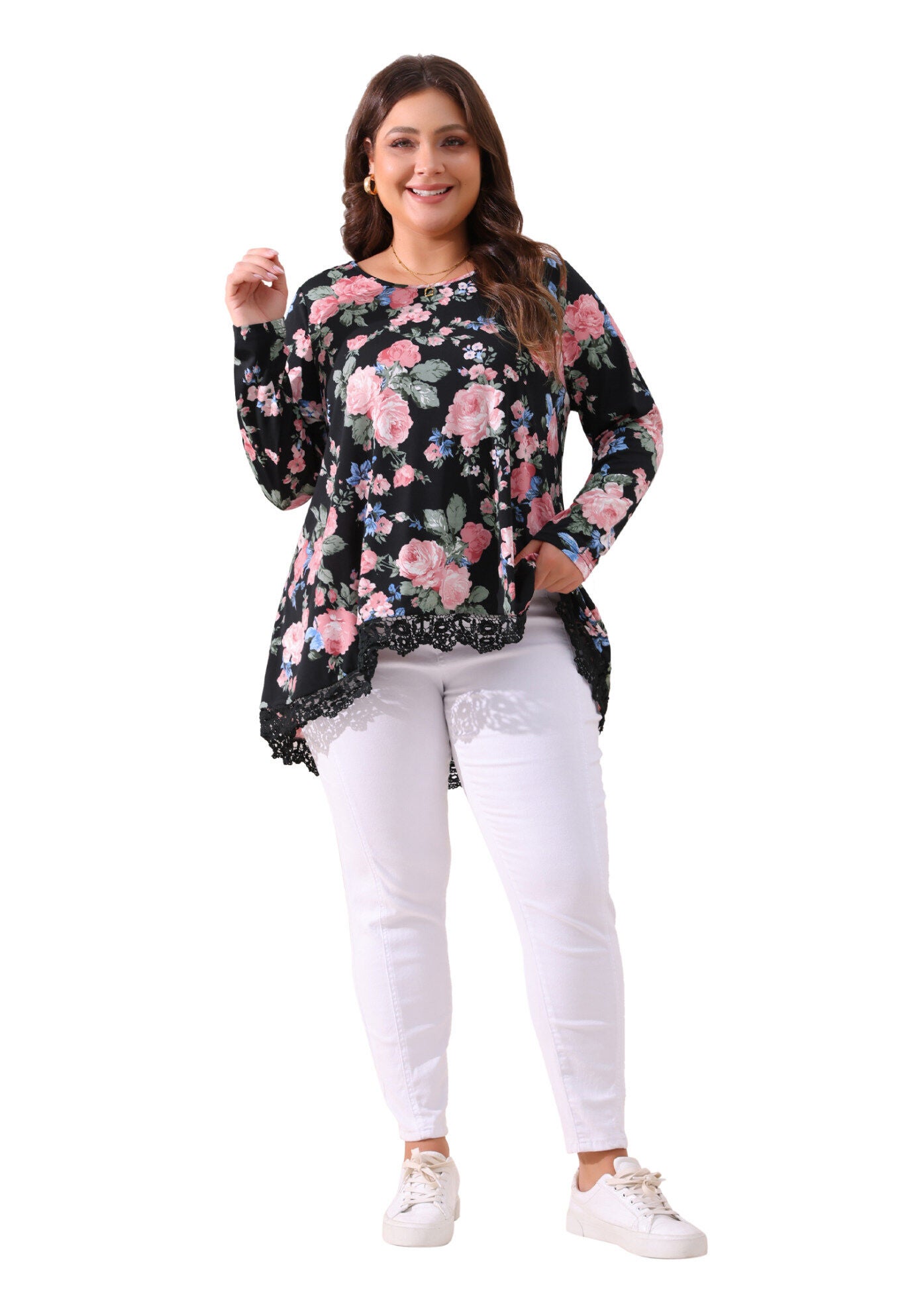 Crew Neck A-Line High Low Hem Floral Blouse, Black / Black, hi-res image number 0