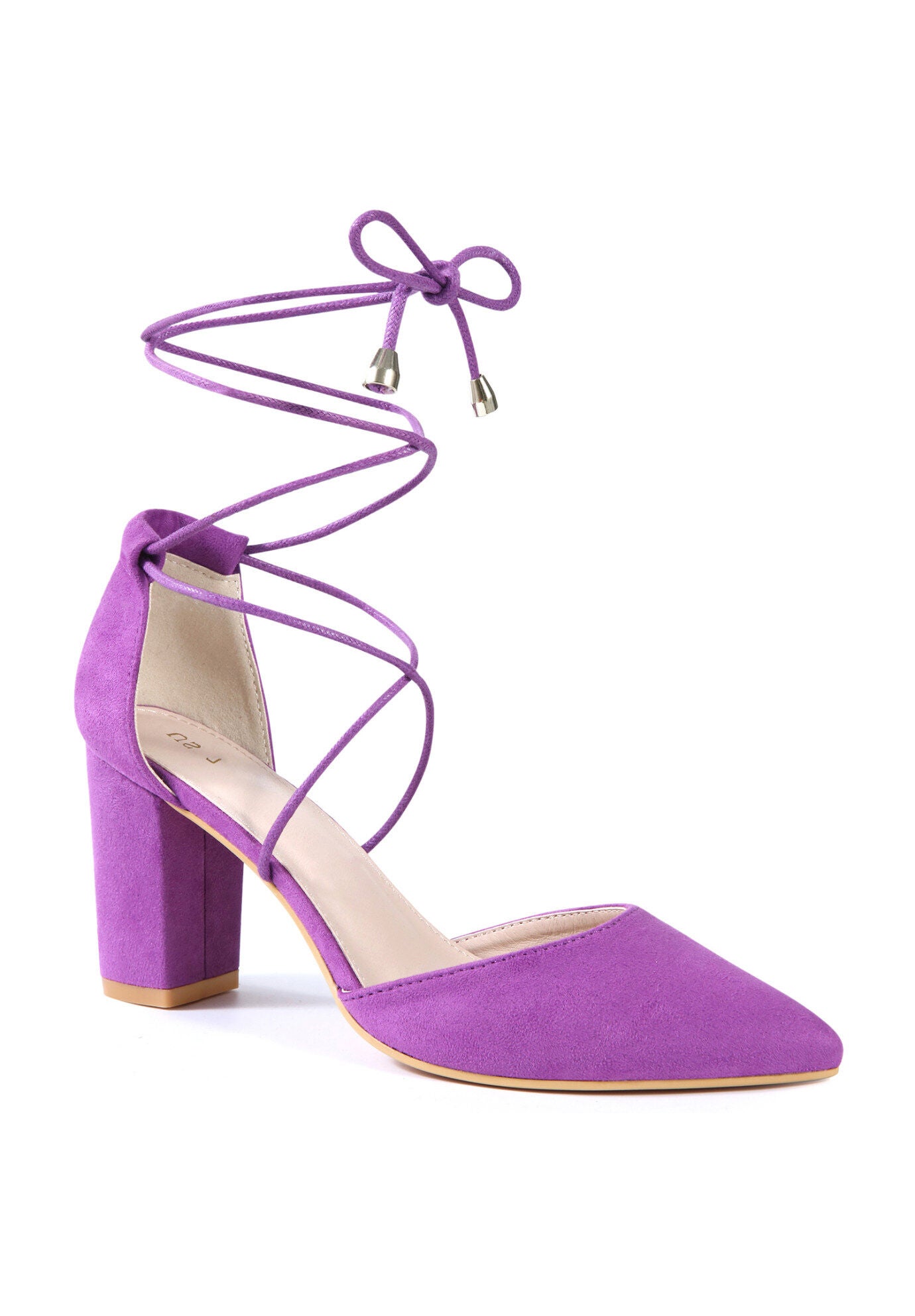 Pointy Toe Lace Up Chunky Heeled Sandal Pumps, Purple / Purple, hi-res image number 0