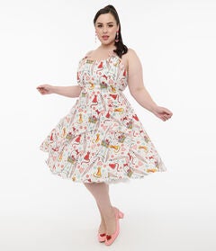 Unique Vintage 1950s Red & Yellow Cat Print Cotton Bobbie Swing Dress