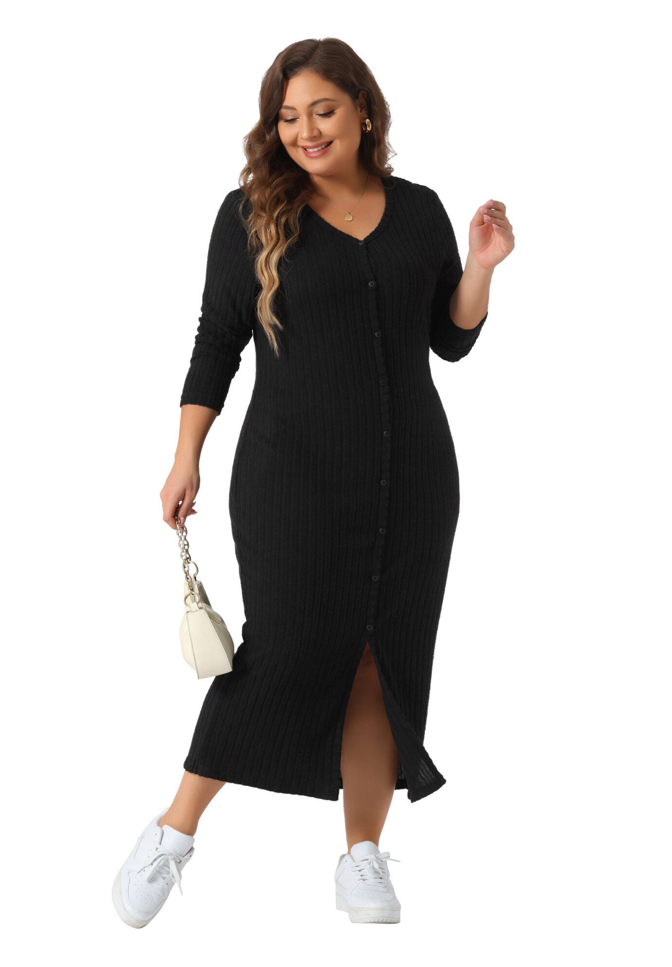 V Neck Long Sleeve Ribbed Knit Button Down Bodycon Dress, Black / Black, hi-res image number 0