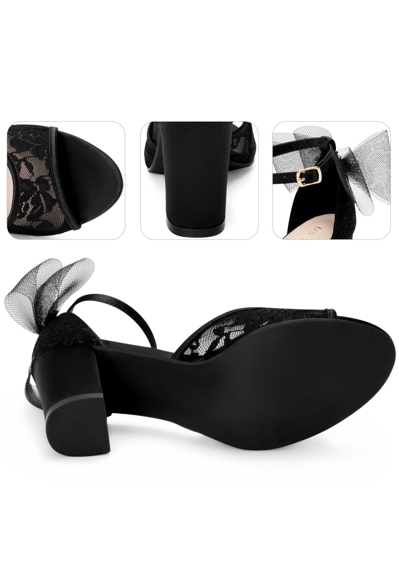 Lace Open Toe Bow Ankle Strap Block Heel Sandals, Black / Black, alternate image number 2