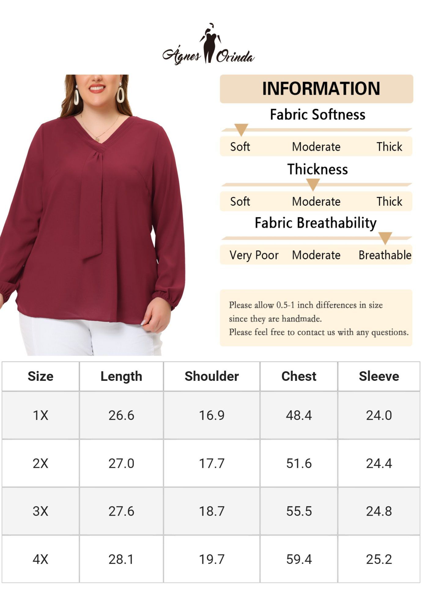 V Neck Long Sleeve Ruffle Tie Front Office Work Chiffon Blouse Top, Burgundy / Burgundy, alternate image number 4