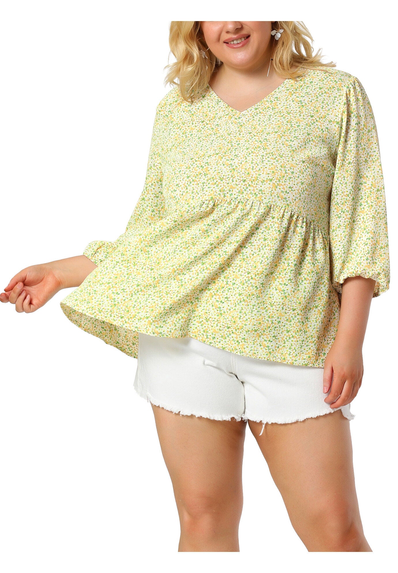 V Neck Babydoll Flowy 3/4 Lantern Sleeve Floral Blouse, Light Yellow / Light Yellow, alternate image number 3