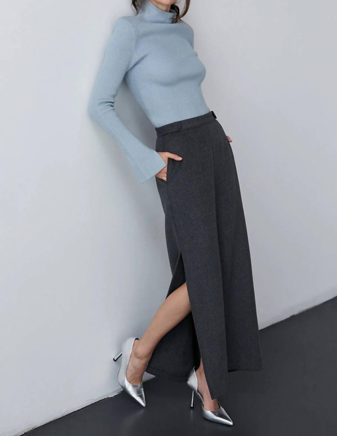 CECY WOOL BLEND MAXI SKIRT IN CHARCOAL, , alternate image number 6