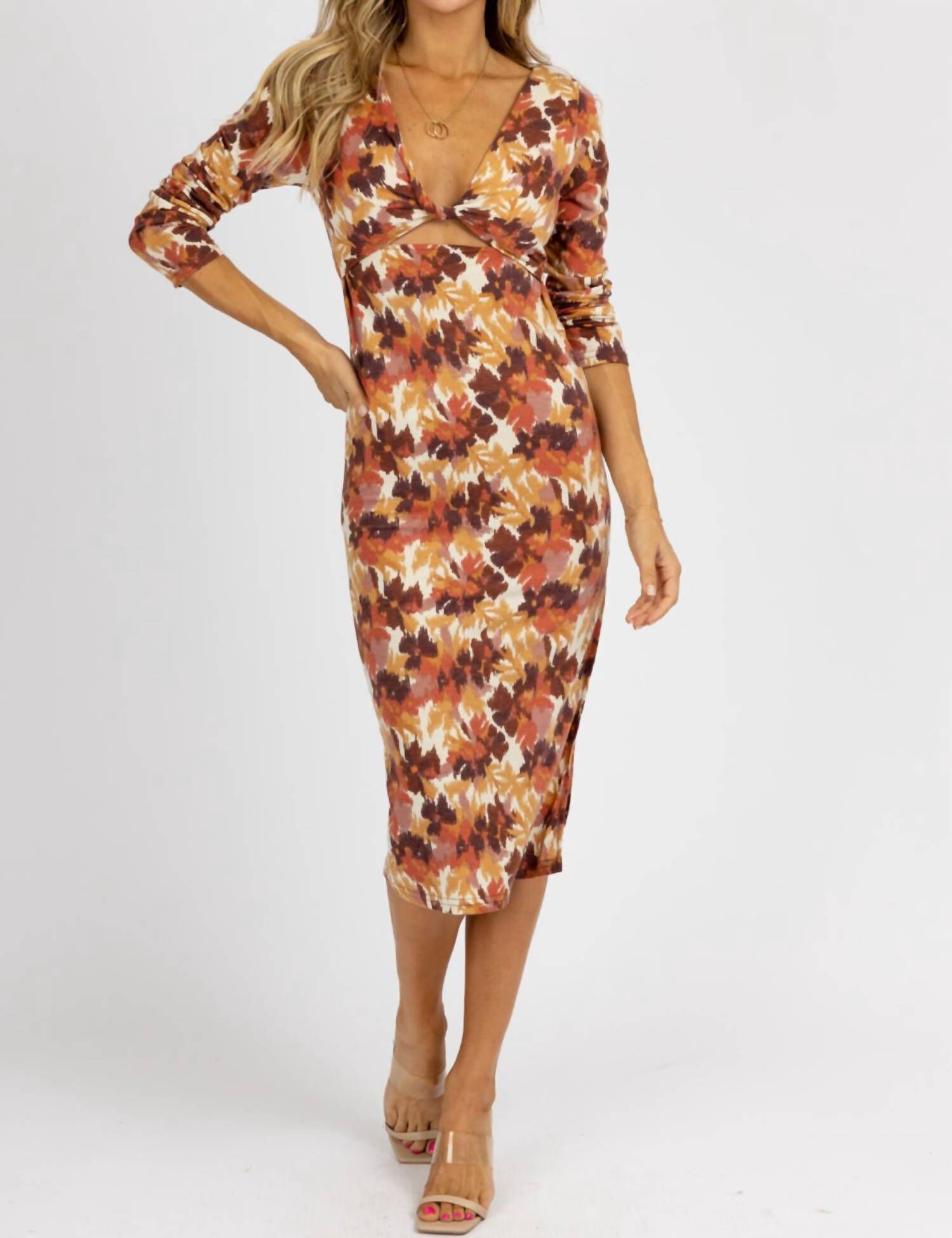 ECRU FRONT TWIST MIDI DRESS IN BROWN, , alternate image number 7