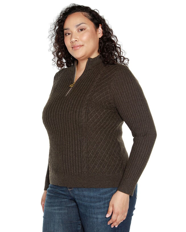 RIB AND CABLE QUARTER-ZIP SWEATER, Heather Charcoal / Charcoal Grey, alternate image number 2