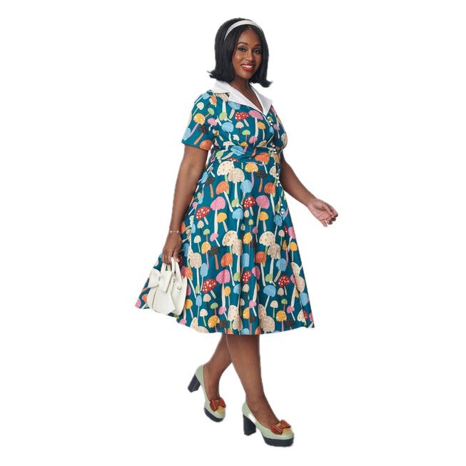 Unique Vintage Teal & Multicolor Mushroom Swing Dress, Teal Rainbow mushroom / Teal, hi-res image number null