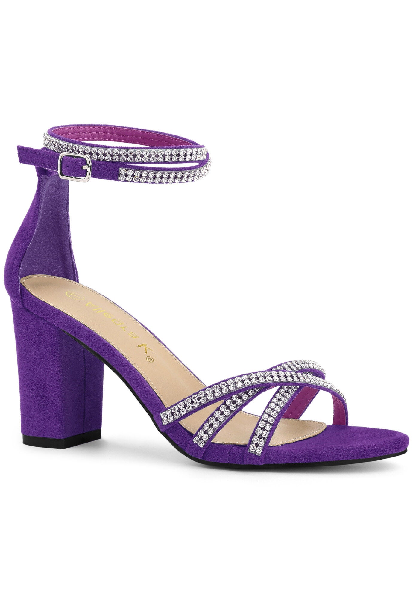 Rhinestones Strappy Chunky Heel Sandals, Purple / Purple, hi-res image number 0