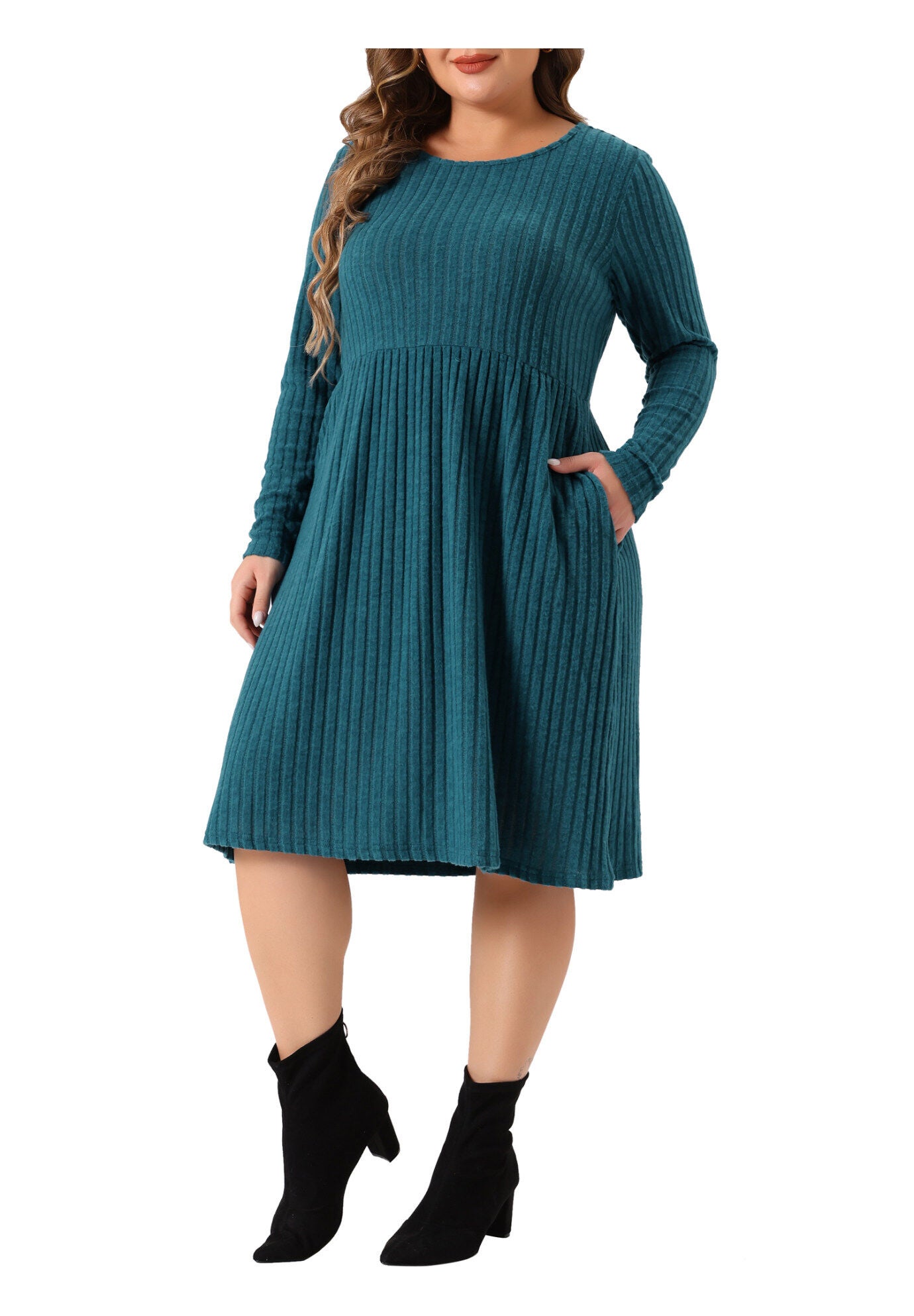 Round Neck Long Sleeve Elegant Ribbed Midi Knit Sweater Dress, Peacock Blue / Cornflower Blue, alternate image number 4