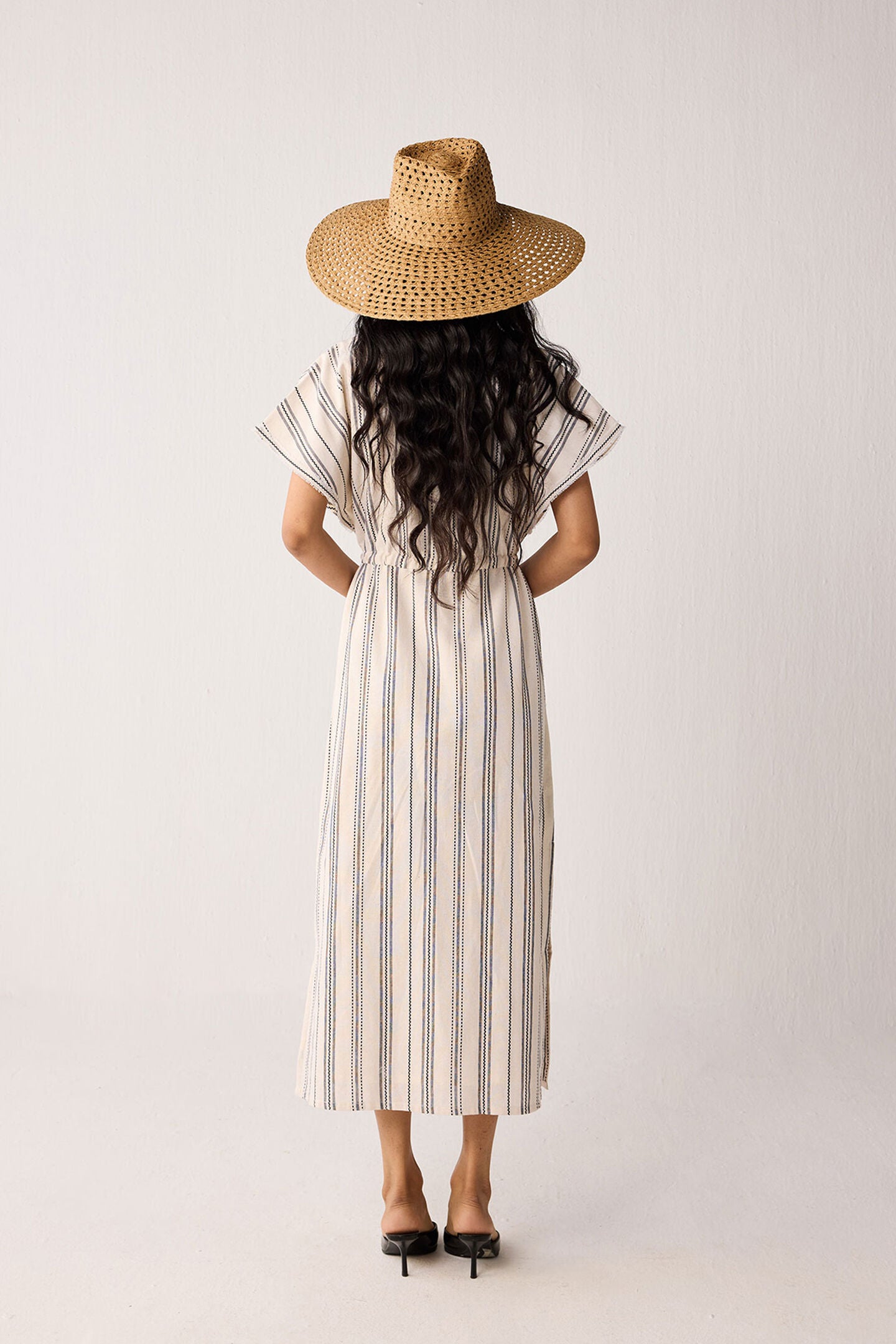 Maxi Gathered Dress with Side Slits in Stripes, Linear Canvas / Cream, alternate image number 1