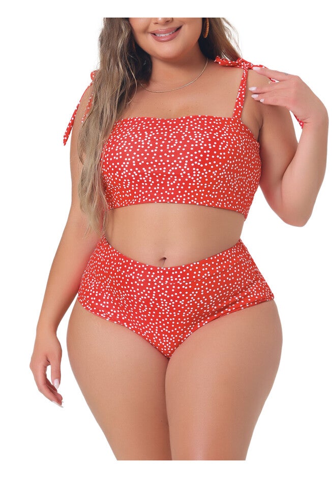 Two Piece Swimsuit Polka Dots Bikini Bandeau, Red / Red, alternate image number 1