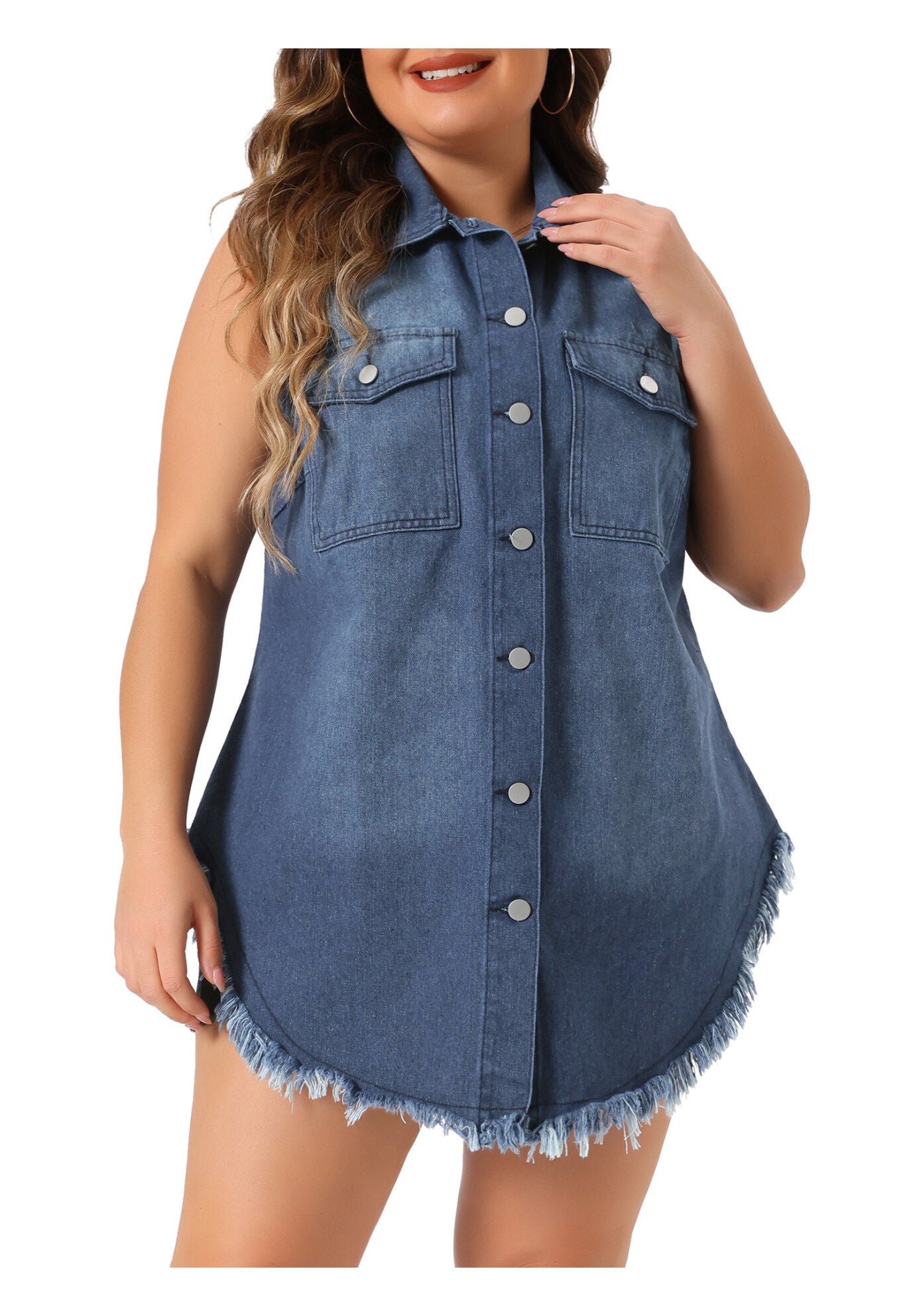 BUTTON UP FRAYED HEM SLEEVELESS JEAN DENIM VEST, Dark Blue / Navy, alternate image number 1