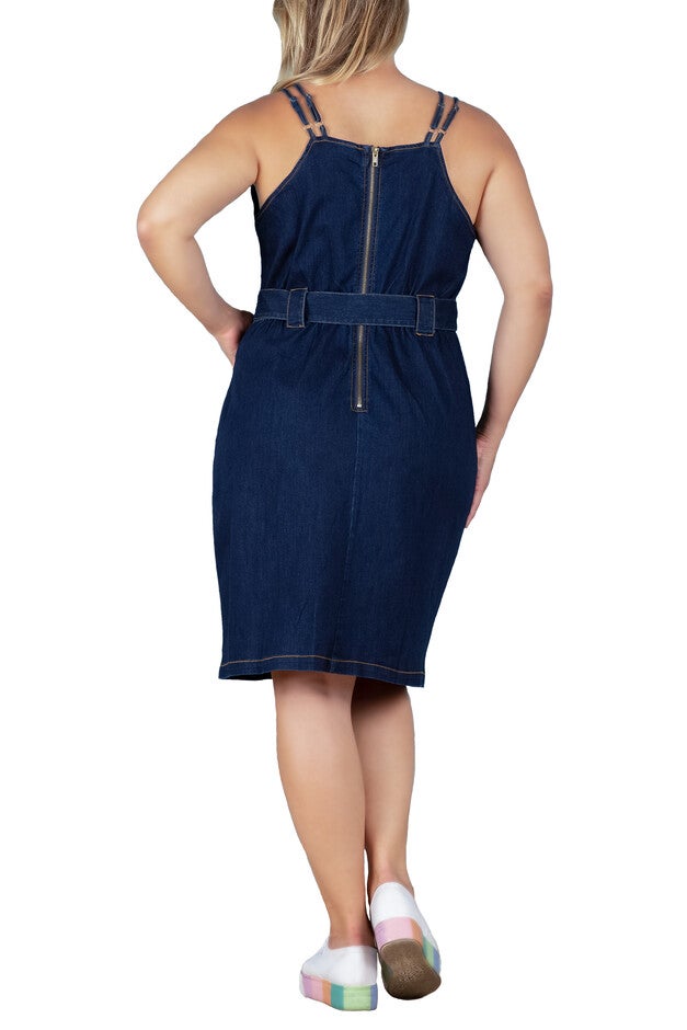 Gianna Women's Denim Front Slit Double Strap Casual Midi Dress, , alternate image number 6