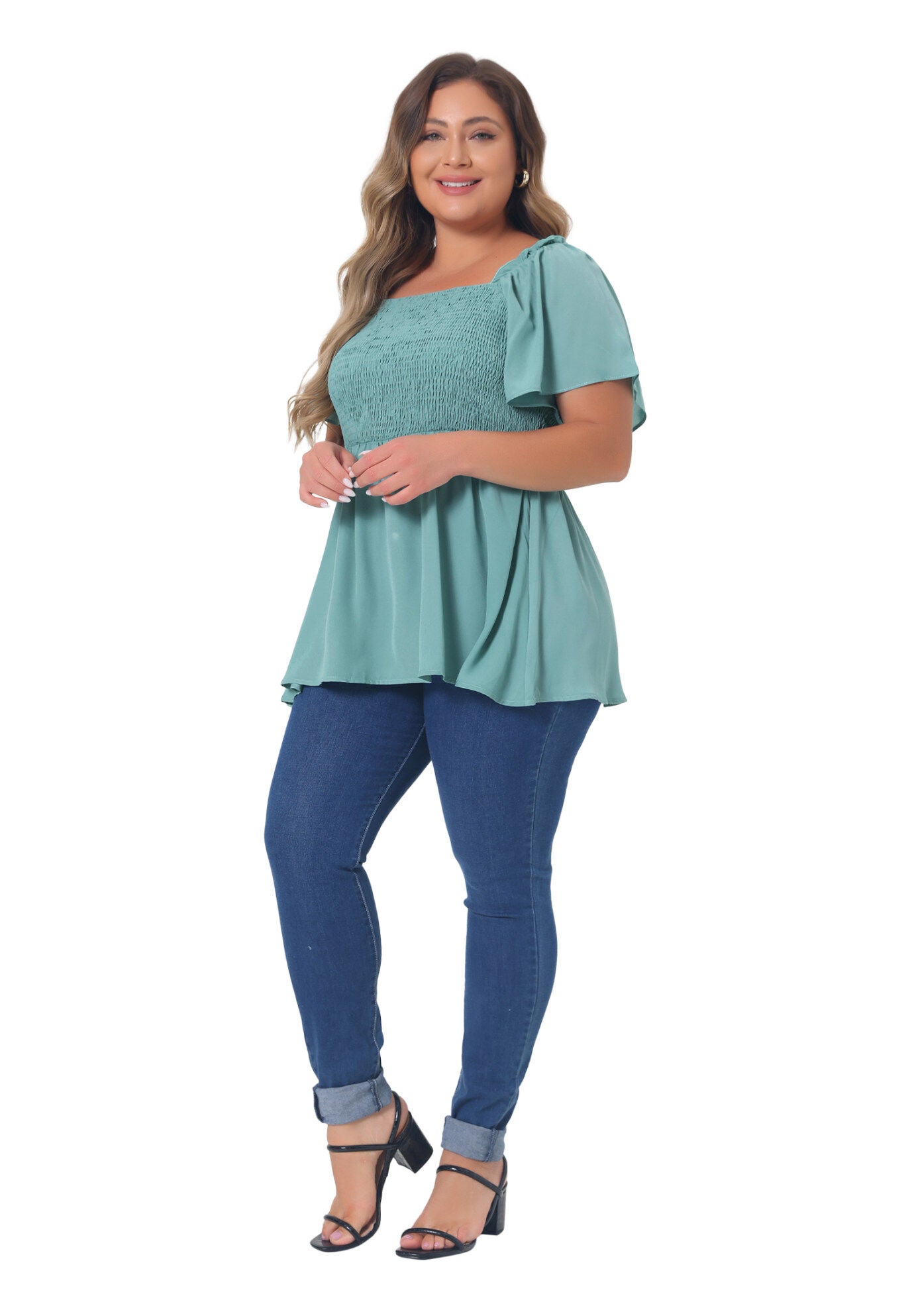 Square Neck Short Sleeve Ruffle Hem Loose Fit Blouse, Green / Mint, hi-res image number 0