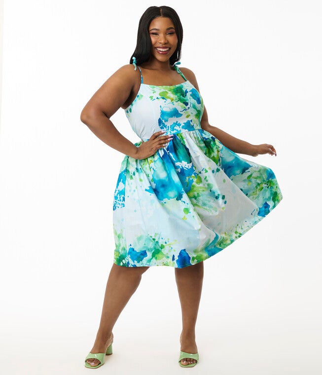 Unique Vintage Plus Size Earth Map Print Cotton Bobbie Swing Dress, Light Blue / Light Blue, hi-res image number 0