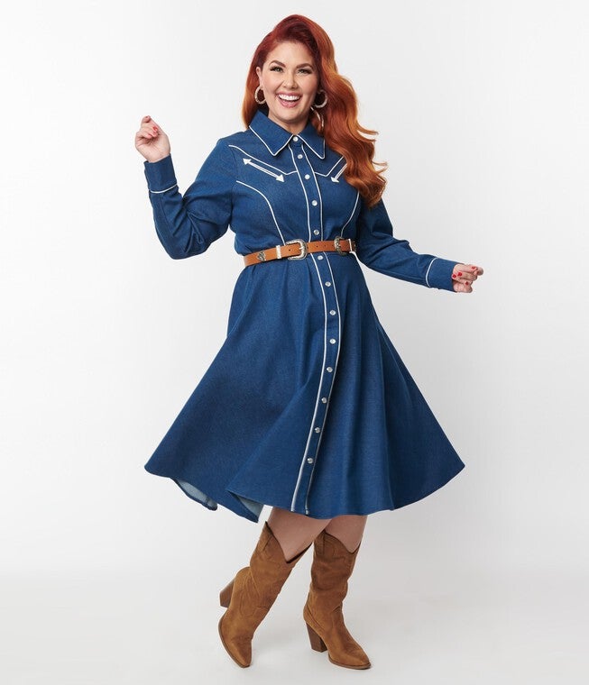Unique Vintage Denim Western Shirt Swing Dress, Denim / Dark Wash, alternate image number null