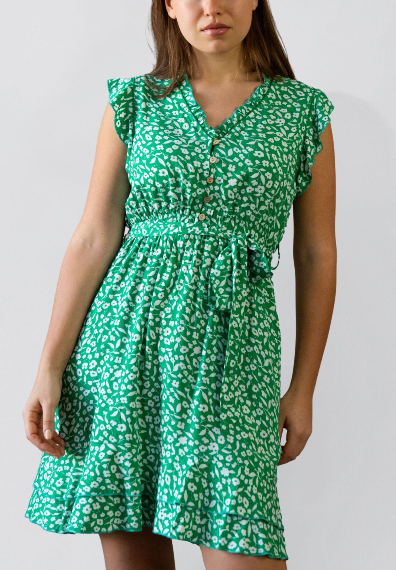 Annick - Natasha Printed Short Dress with Belt, Pockets, and Ruffle Trim, Green / Light Green, hi-res image number 0