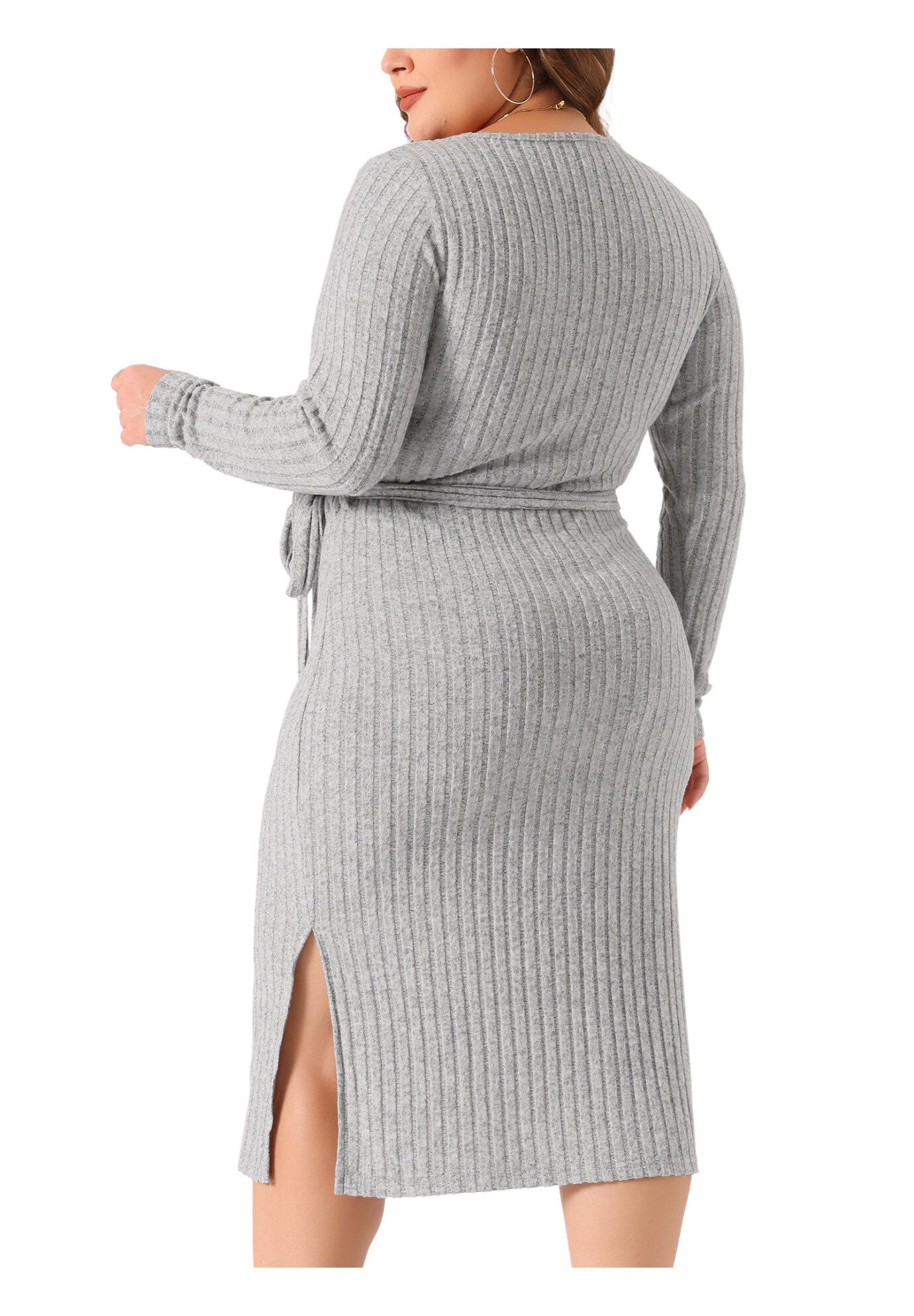 Round Neck Long Sleeve Ribbed Knit Side Slit Tie Waist Bodycon Midi Dress, Gray / Light Grey, alternate image number 2